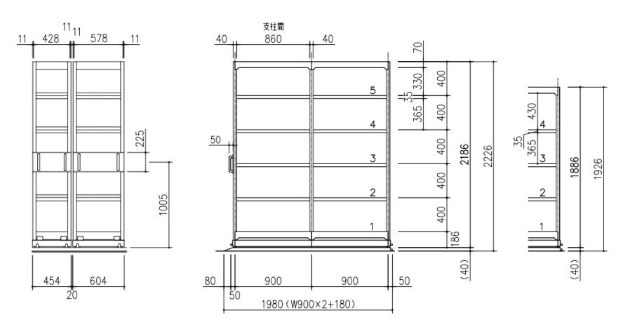 アンカーレス移動棚,手引式,中軽量タイプ,CSBL,姿図