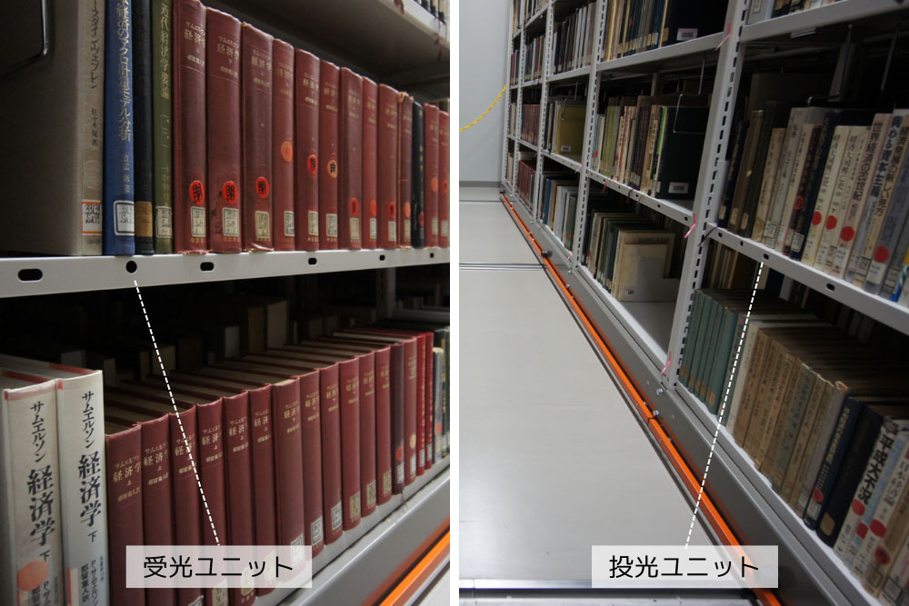 日本大学図書館経済学部分館,電動式移動棚AEX,アクリルパネル仕様,通路内感知装置エリアセンサー