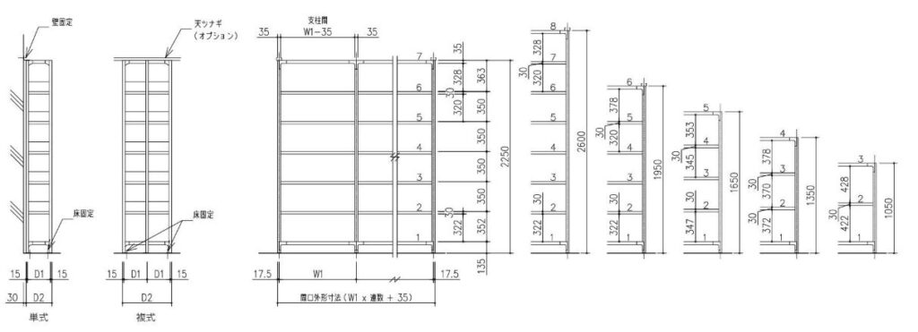 自立棚,スチール書架,KU,物品棚,軽量ラック,図書館書架,姿図